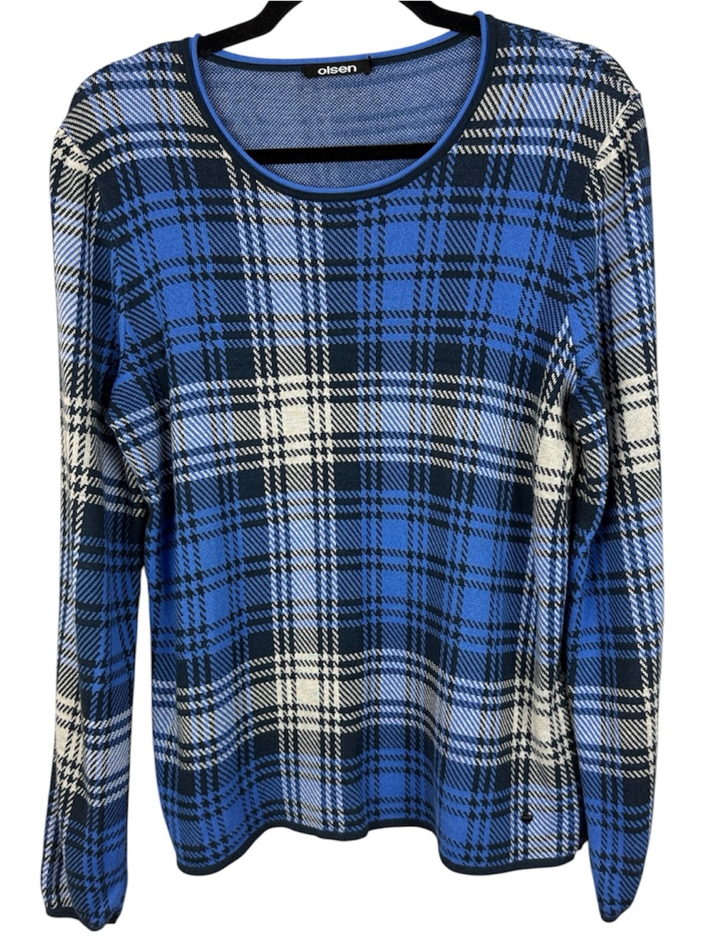 Olsen Germany Blue Plaid Knit Long Sleeve Sweater Top US M/10
